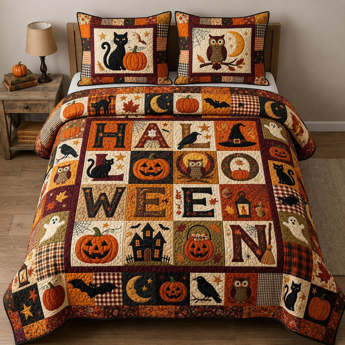 Halloween Patchwork quilted 3-piece bedding set on a made bed against a dark styled interior