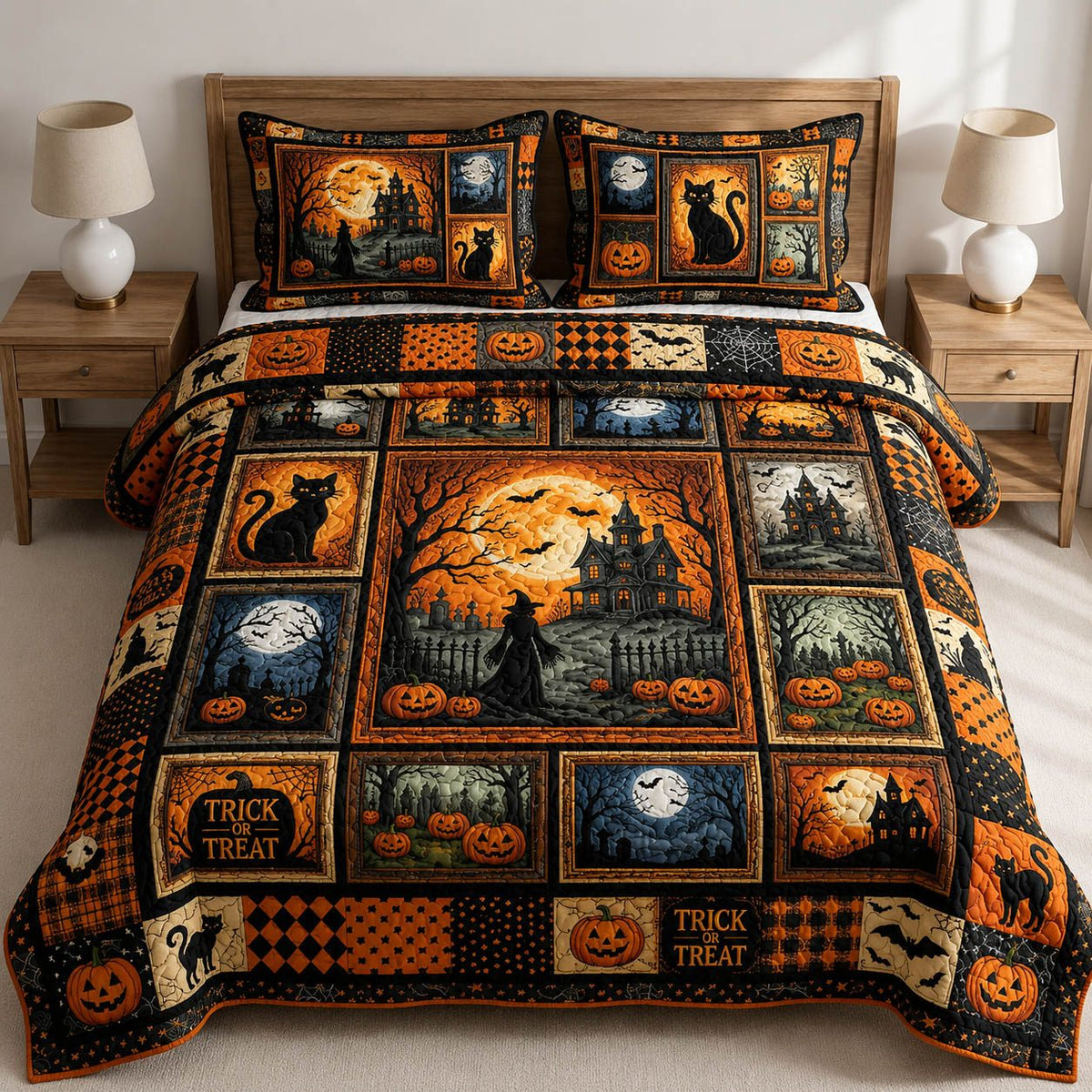 Halloween Patchwork quilted 3-piece bedding set on a made bed against a dark styled interior