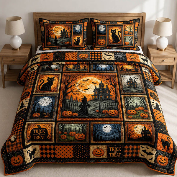 Halloween Patchwork quilted 3-piece bedding set on a made bed against a dark styled interior