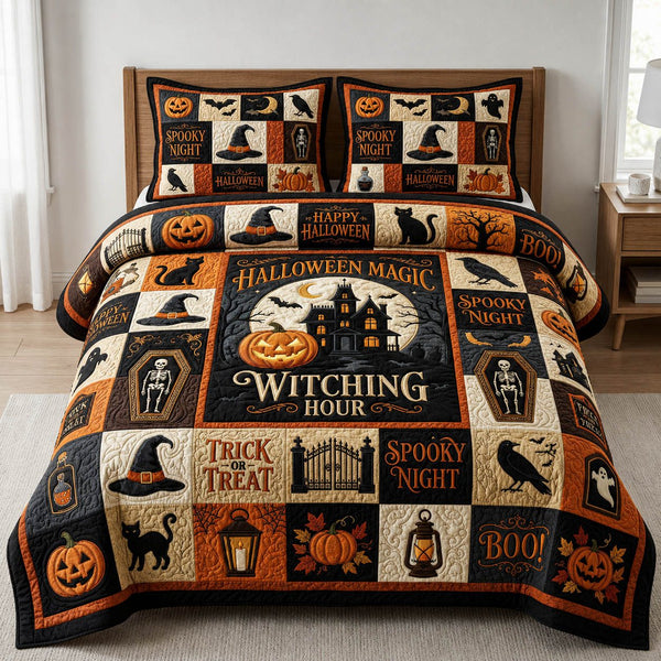 Halloween Patchwork quilted 3-piece bedding set on a made bed against a dark styled interior