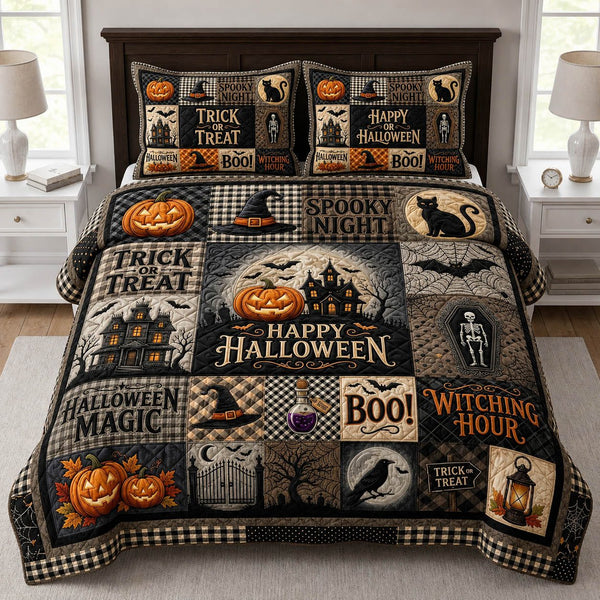 Halloween Patchwork quilted 3-piece bedding set on a made bed against a dark styled interior