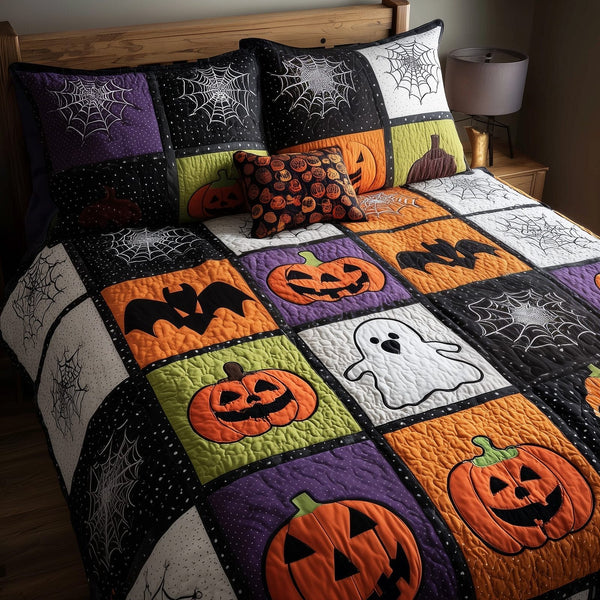 Halloween Patchwork quilted 3-piece bedding set on a made bed against a dark styled interior