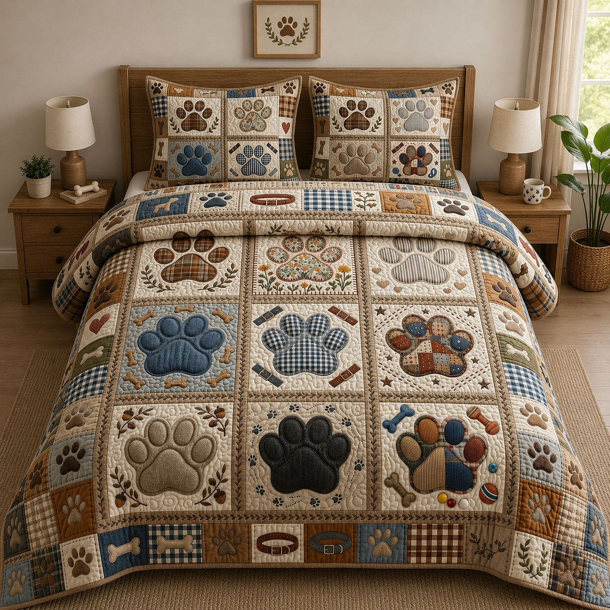 Halloween Paws quilted 3-piece bedding set on a made bed against a dark styled interior