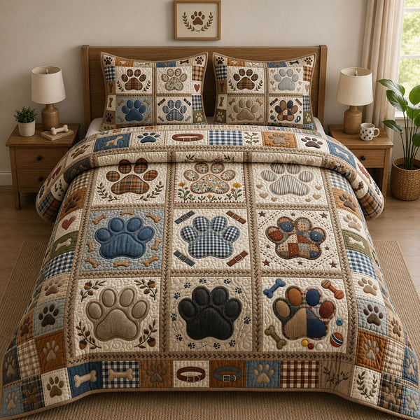 Halloween Paws quilted 3-piece bedding set on a made bed against a dark styled interior