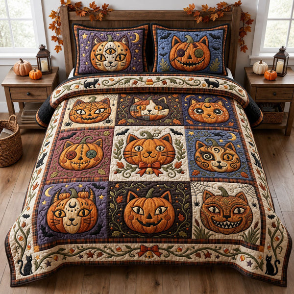 Halloween Pumpkin Cat quilted 3-piece bedding set on a made bed against a dark styled interior
