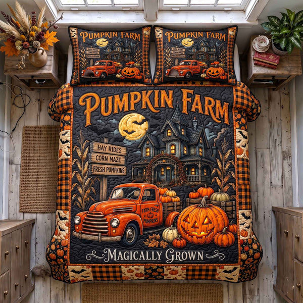 Halloween Pumpkin Farm quilted 3-piece bedding set on a made bed against a dark styled interior
