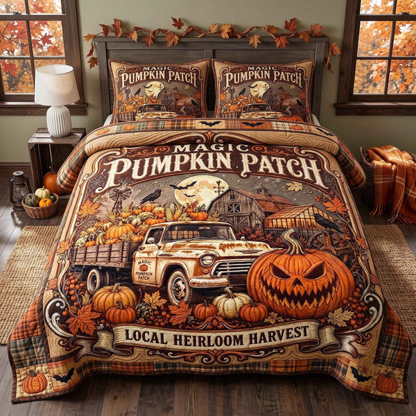 Halloween Pumpkin Farm quilted 3-piece bedding set on a made bed against a dark styled interior