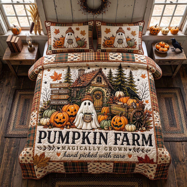Halloween Pumpkin Farm quilted 3-piece bedding set on a made bed against a dark styled interior