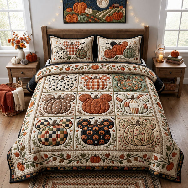 Halloween Pumpkin Mouse quilted 3-piece bedding set on a made bed against a dark styled interior