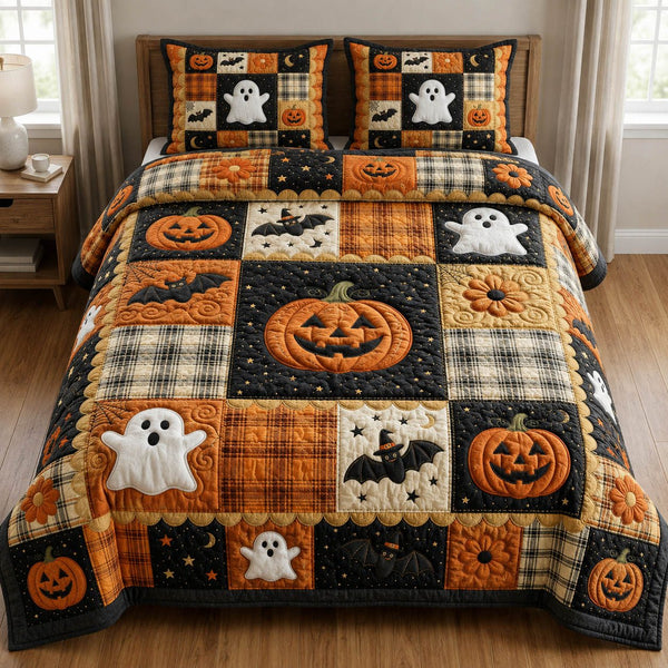 Halloween Pumpkin quilted 3-piece bedding set on a made bed against a dark styled interior