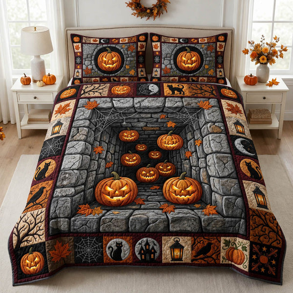Halloween Pumpkin quilted 3-piece bedding set on a made bed against a dark styled interior