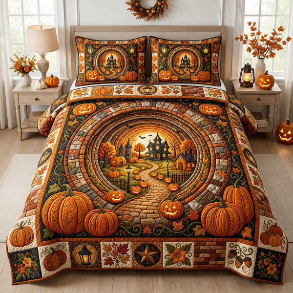 Halloween Pumpkin quilted 3-piece bedding set on a made bed against a dark styled interior