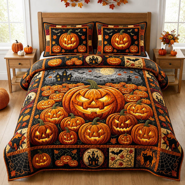 Halloween Pumpkin quilted 3-piece bedding set on a made bed against a dark styled interior