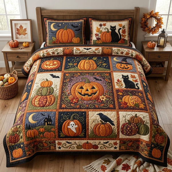 Halloween Pumpkin quilted 3-piece bedding set on a made bed against a dark styled interior