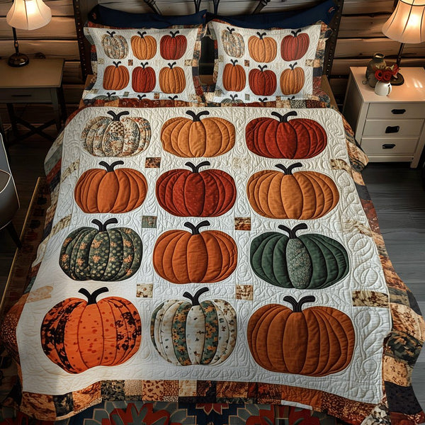 Halloween Pumpkin quilted 3-piece bedding set on a made bed against a dark styled interior