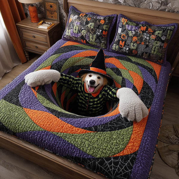 Halloween Pup Retriever quilted 3-piece bedding set on a made bed against a dark styled interior