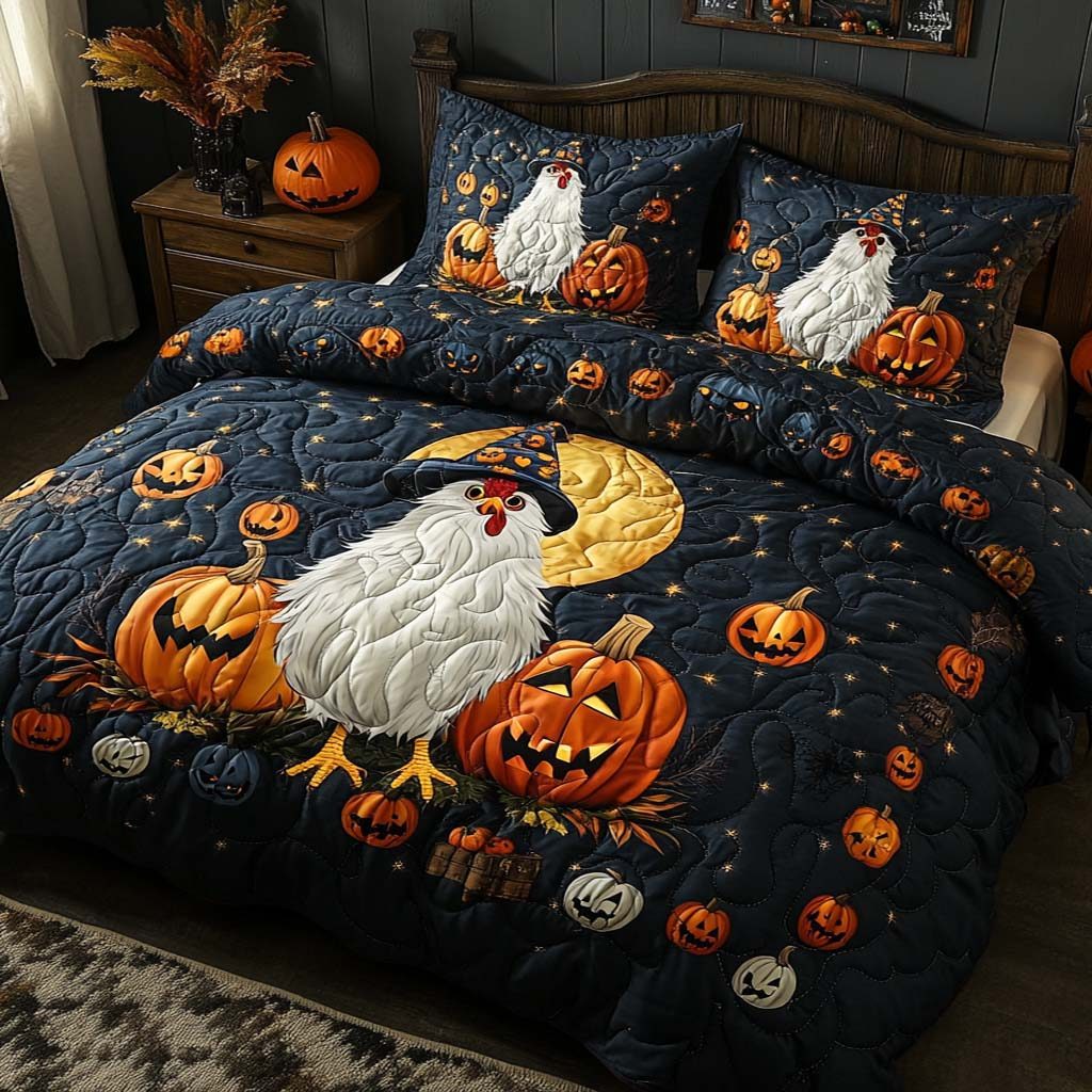 Halloween Roost Tales quilted 3-piece bedding set on a made bed against a dark styled interior