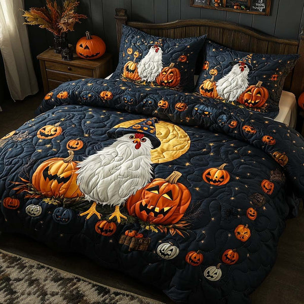 Halloween Roost Tales quilted 3-piece bedding set on a made bed against a dark styled interior