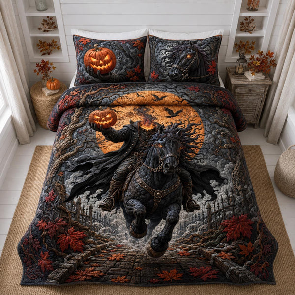 Halloween Shadows quilted 3-piece bedding set on a made bed against a dark styled interior