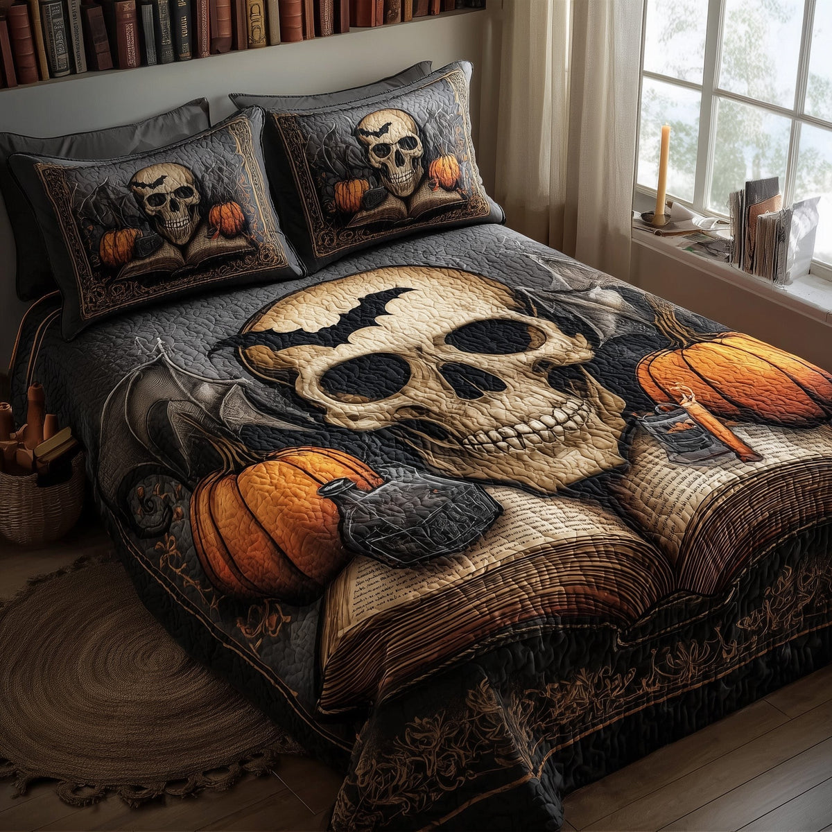 Halloween Skullcap quilted 3-piece bedding set on a made bed against a dark styled interior