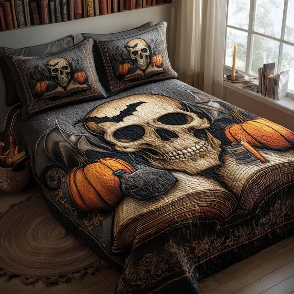 Halloween Skullcap quilted 3-piece bedding set on a made bed against a dark styled interior