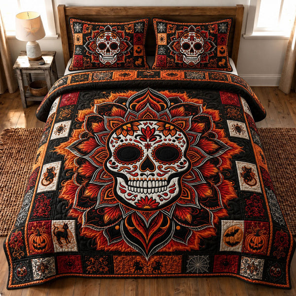 Halloween Sugar Skull Mandala quilted 3-piece bedding set on a made bed against a dark styled interior