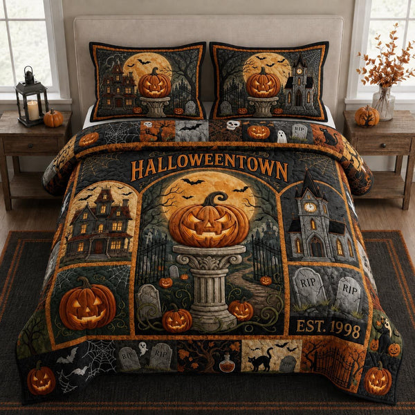 Halloween Town quilted 3-piece bedding set on a made bed against a dark styled interior