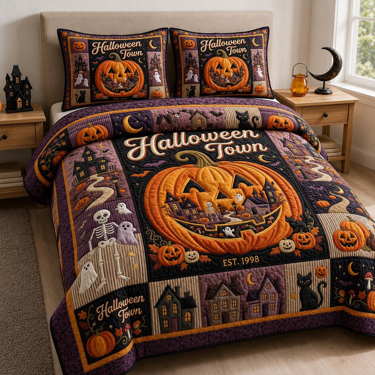 Halloween Town quilted 3-piece bedding set on a made bed against a dark styled interior