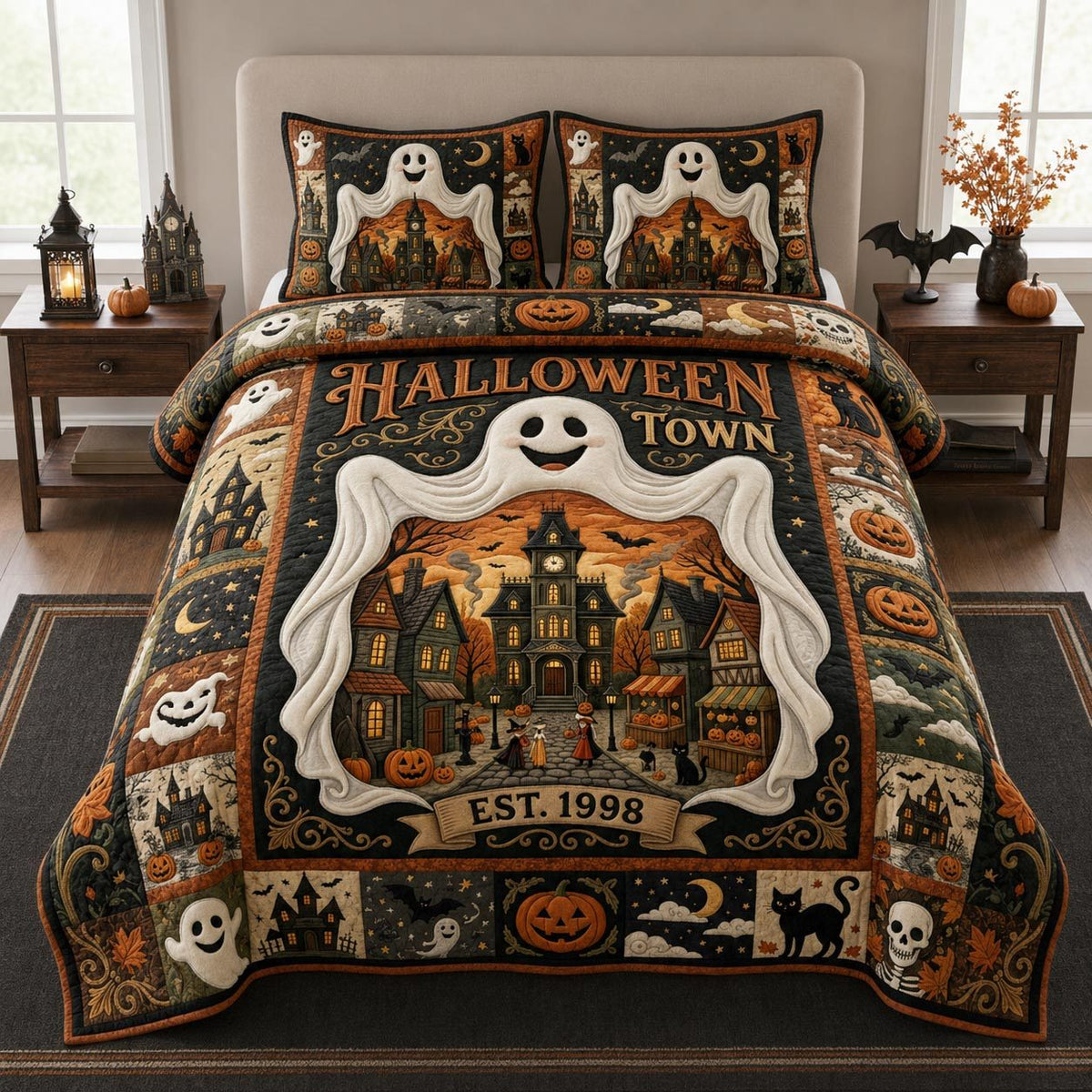 Halloween Town quilted 3-piece bedding set on a made bed against a dark styled interior