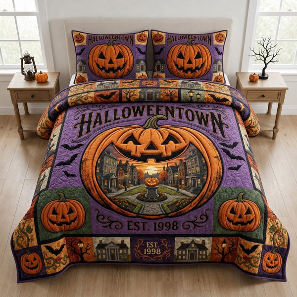 Halloween Town quilted 3-piece bedding set on a made bed against a dark styled interior