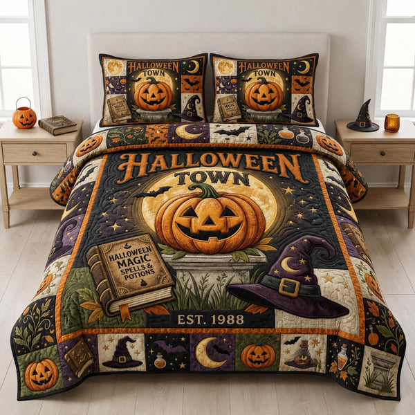 Halloween Town quilted 3-piece bedding set on a made bed against a dark styled interior