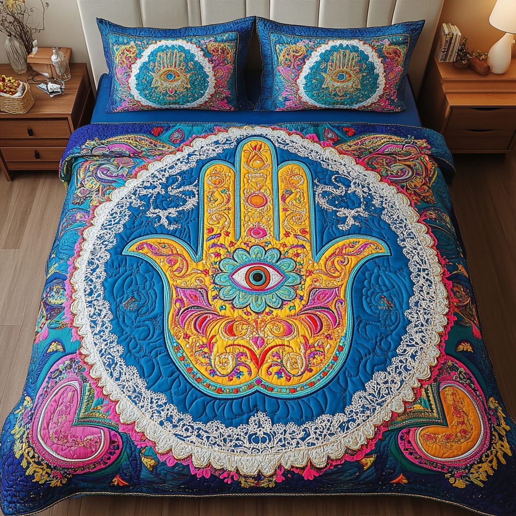 Hamsa Protection quilted 3-piece bedding set on a made bed with two matching pillow shams