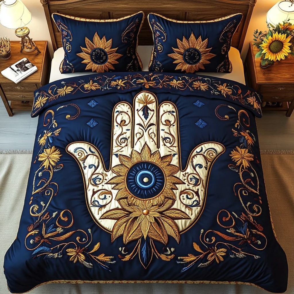 Hamsa Shield quilted 3-piece bedding set on a made bed with two matching pillow shams