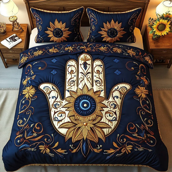Hamsa Shield quilted 3-piece bedding set on a made bed with two matching pillow shams