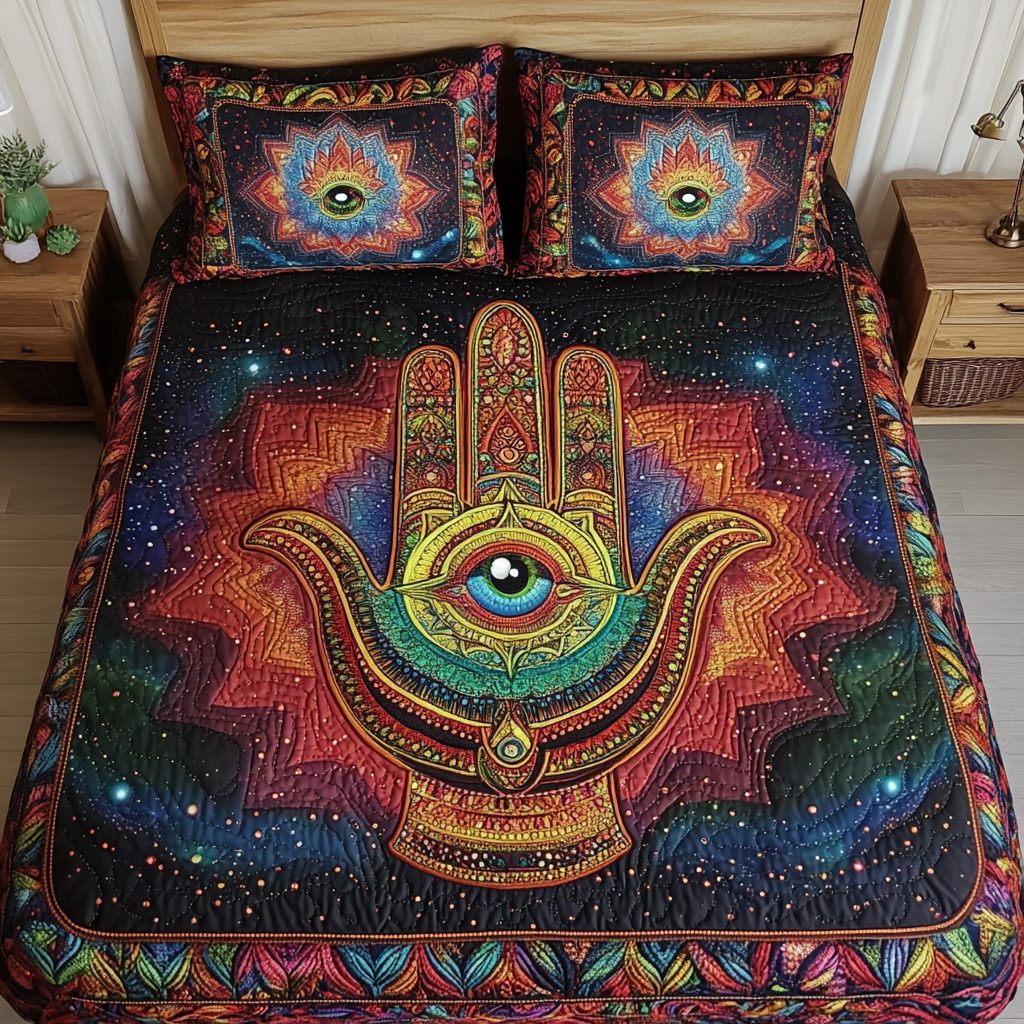 Hamsa Spirit quilted 3-piece bedding set on a made bed with two matching pillow shams