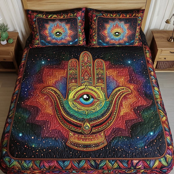 Hamsa Spirit quilted 3-piece bedding set on a made bed with two matching pillow shams