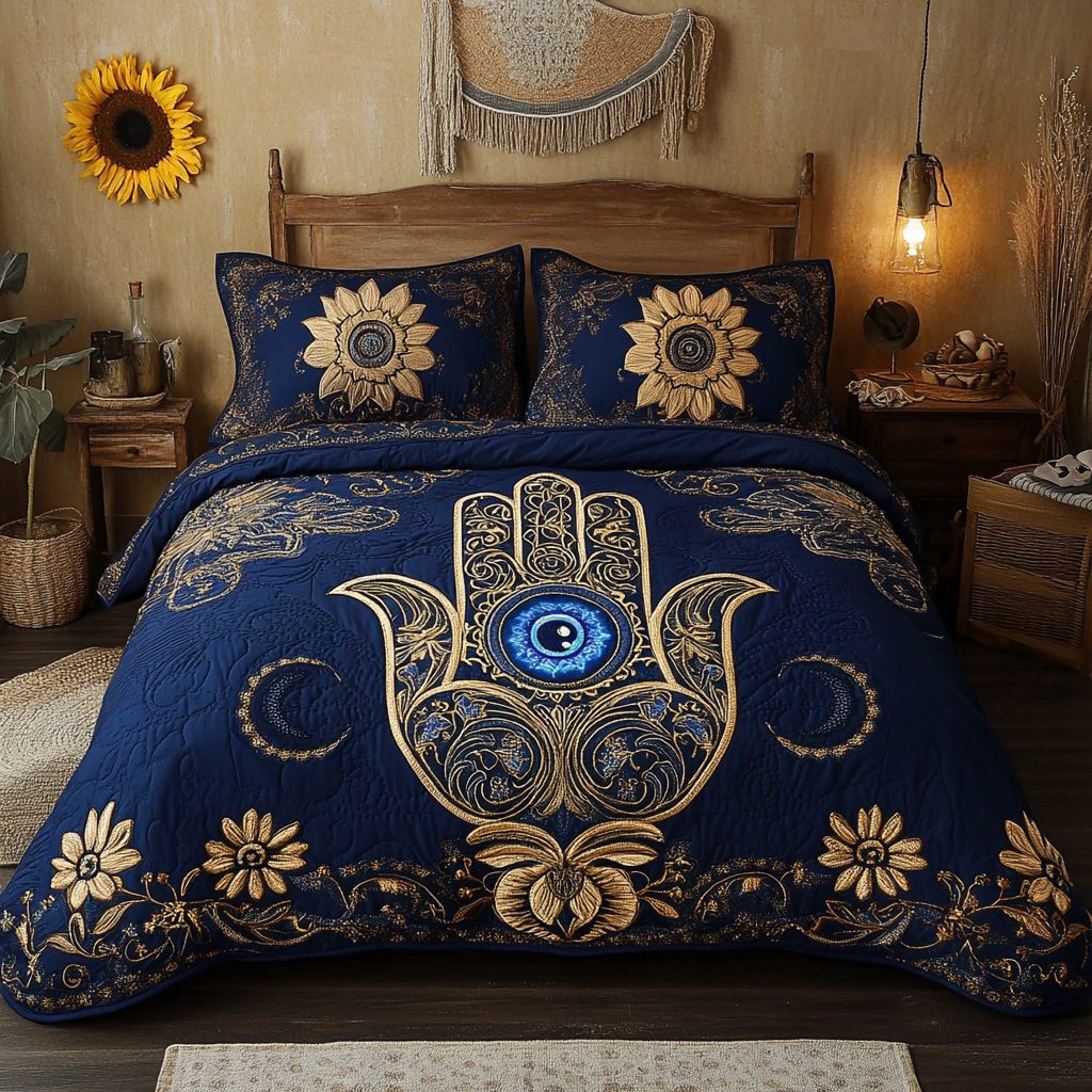 Hand Power quilted 3-piece bedding set on a made bed with two matching pillow shams