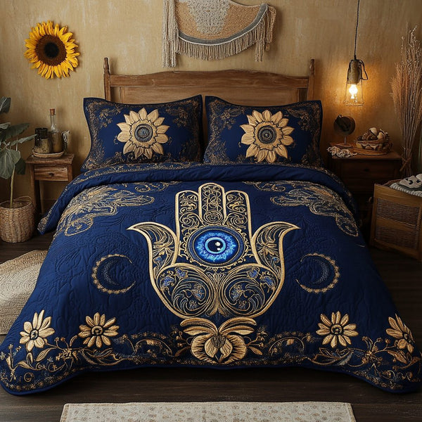 Hand Power quilted 3-piece bedding set on a made bed with two matching pillow shams
