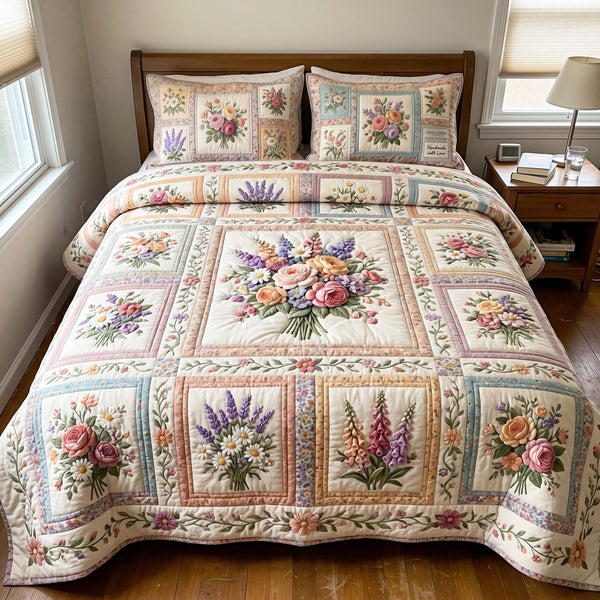 Handmade Blossom quilted 3-piece bedding set on a made bed in a farmhouse bedroom