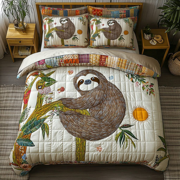 Hanging Lazy quilted 3-piece bedding set on a made bed with two matching pillow shams