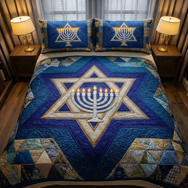 Hanukkah quilted 3-piece bedding set on a made bed with two matching pillow shams
