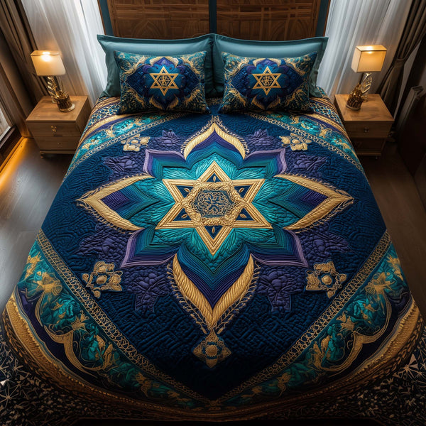 Hanukkah quilted 3-piece bedding set on a made bed with two matching pillow shams