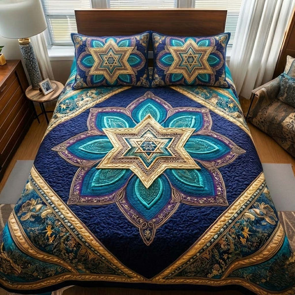 Hanukkah quilted 3-piece bedding set on a made bed with two matching pillow shams