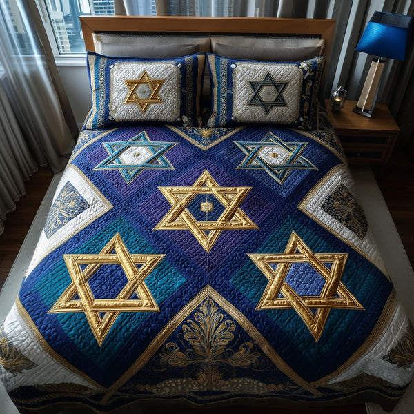 Hanukkah quilted 3-piece bedding set on a made bed with two matching pillow shams