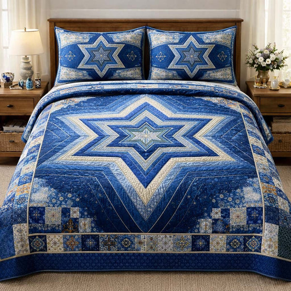Hanukkah quilted 3-piece bedding set on a made bed with two matching pillow shams