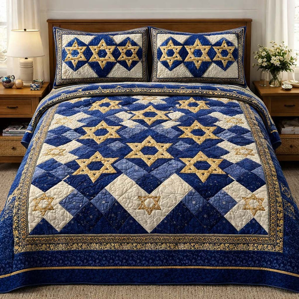 Hanukkah quilted 3-piece bedding set on a made bed with two matching pillow shams