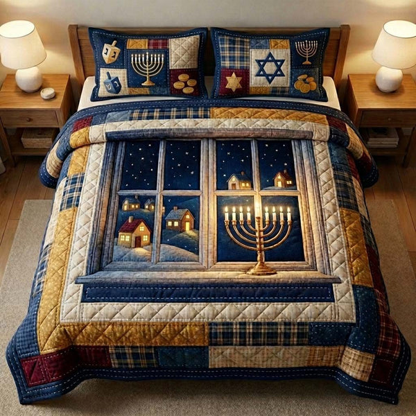 Hanukkah quilted 3-piece bedding set on a made bed with two matching pillow shams