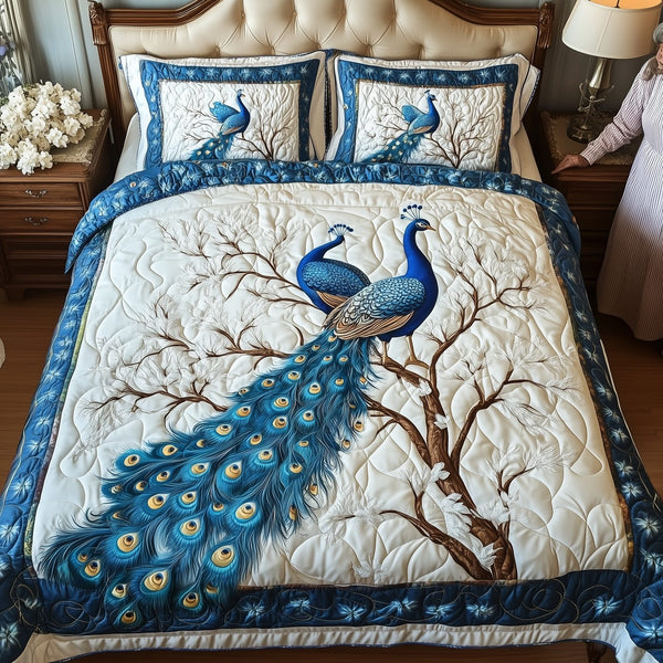 Happily Ever Peacocks quilted 3-piece bedding set on a made bed with two matching pillow shams