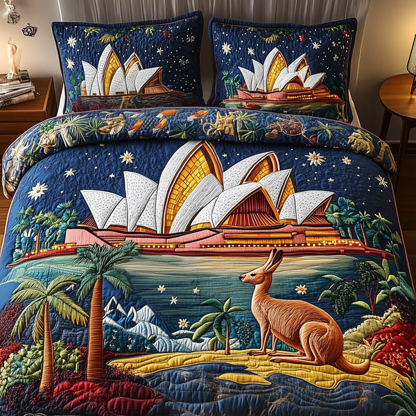 Happy Australia Day quilted 3-piece bedding set on a made bed with two matching pillow shams