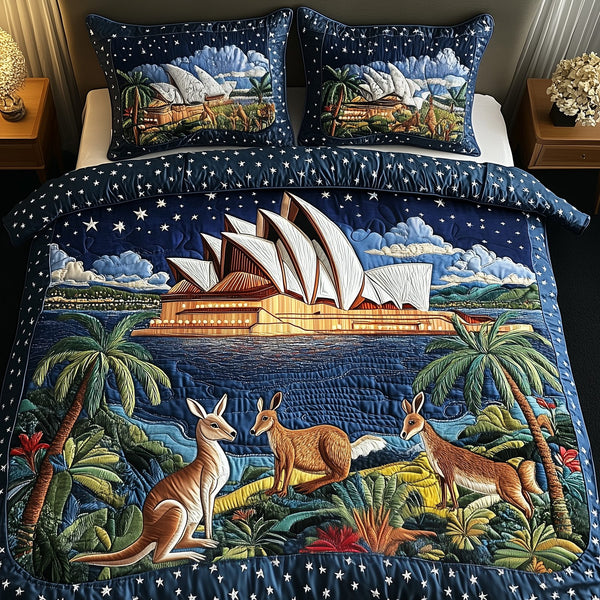 Happy Australia Day quilted 3-piece bedding set on a made bed with two matching pillow shams